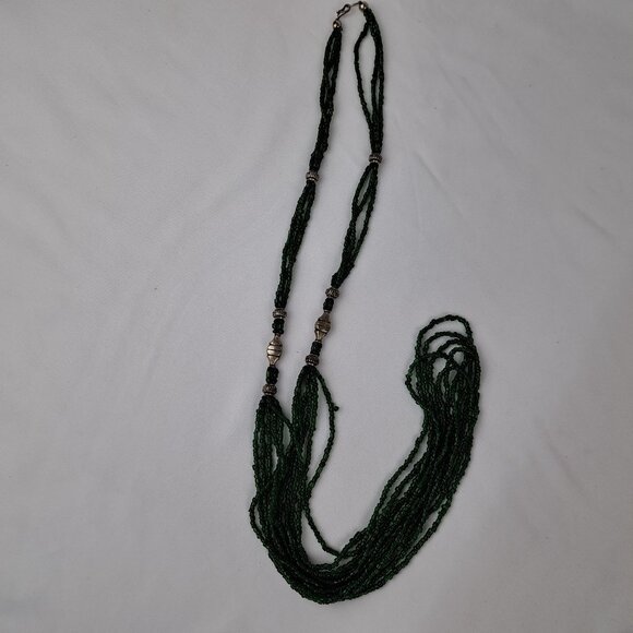 Long Multi Strand Green Glass Seed Bead Necklace w/ Silver Tone Beads - Picture 13 of 16